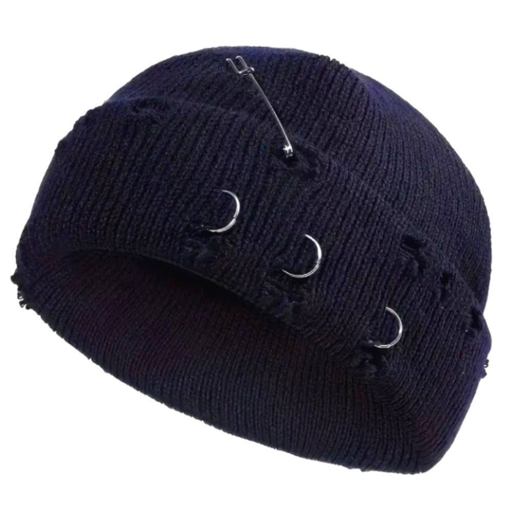 Edgy Black Knit Beanie with Metal Accents